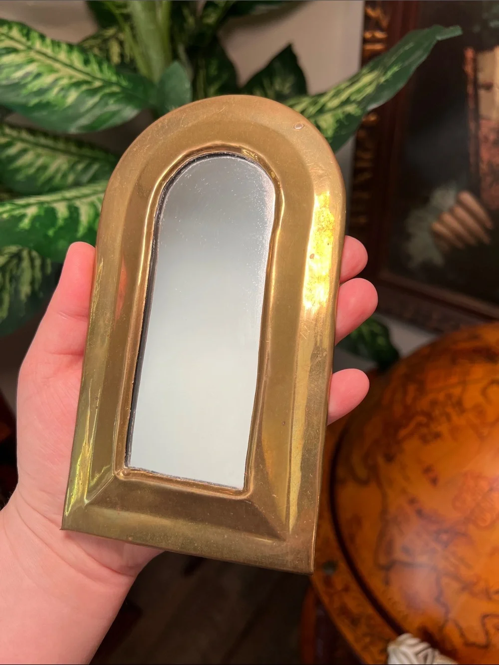 Vintage Boho Moroccan Gold Brass Arched Accent Mirror Small Wall Mirror